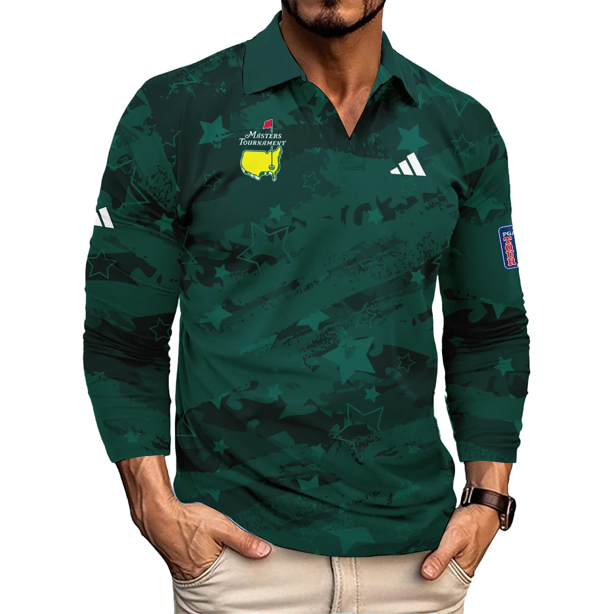 Dark Green Stars Pattern Grunge Background Masters Tournament Adidas Vneck Long Polo Shirt Style Classic Long Polo Shirt For Men