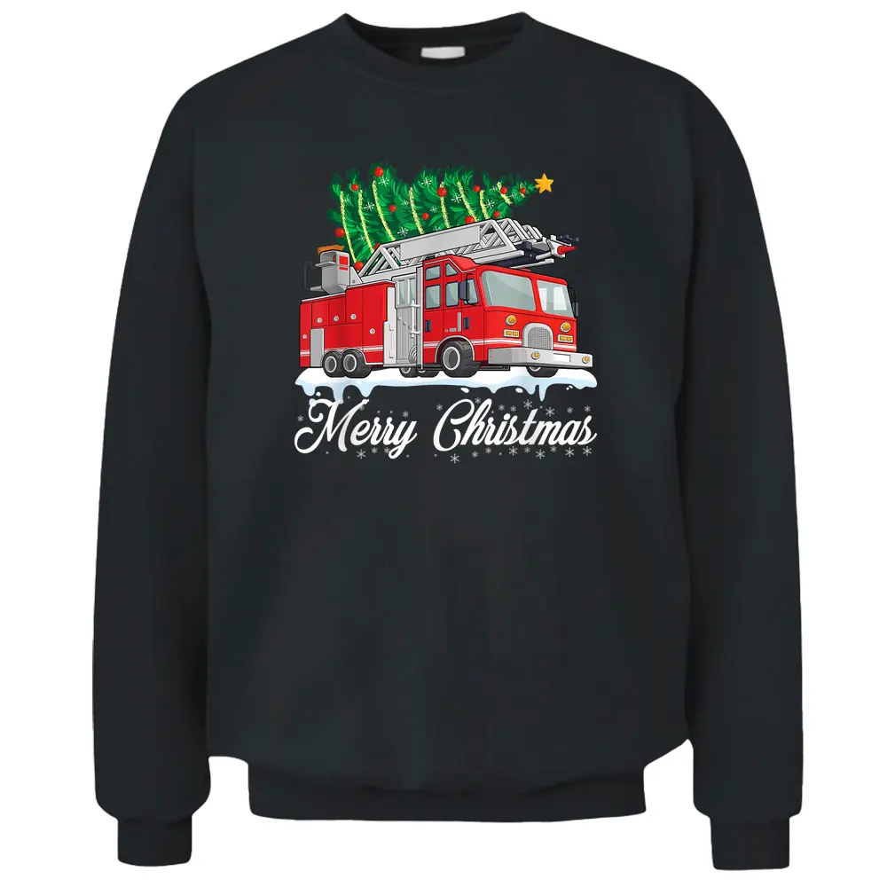 Fire Truck Xmas Tree Boy Toddler Kids Firefighter Xmas Pullover Sweatshirt