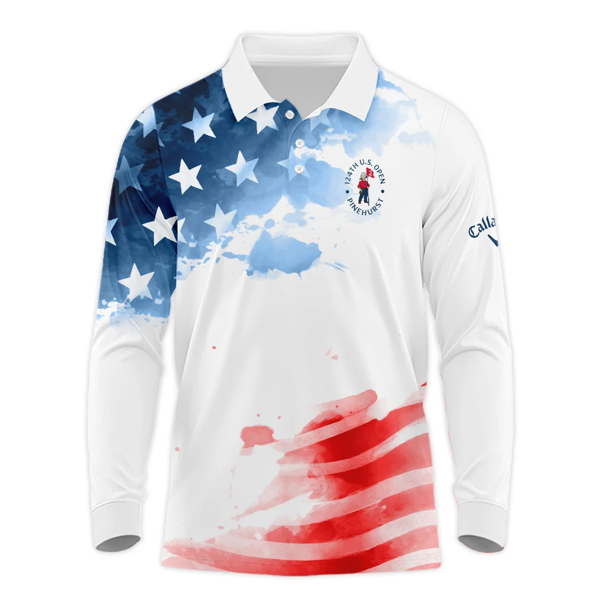 Golf 124th U.S. Open Pinehurst Callaway Long Polo Shirt US Flag Watercolor Golf Sports All Over Print Long Polo Shirt For Men