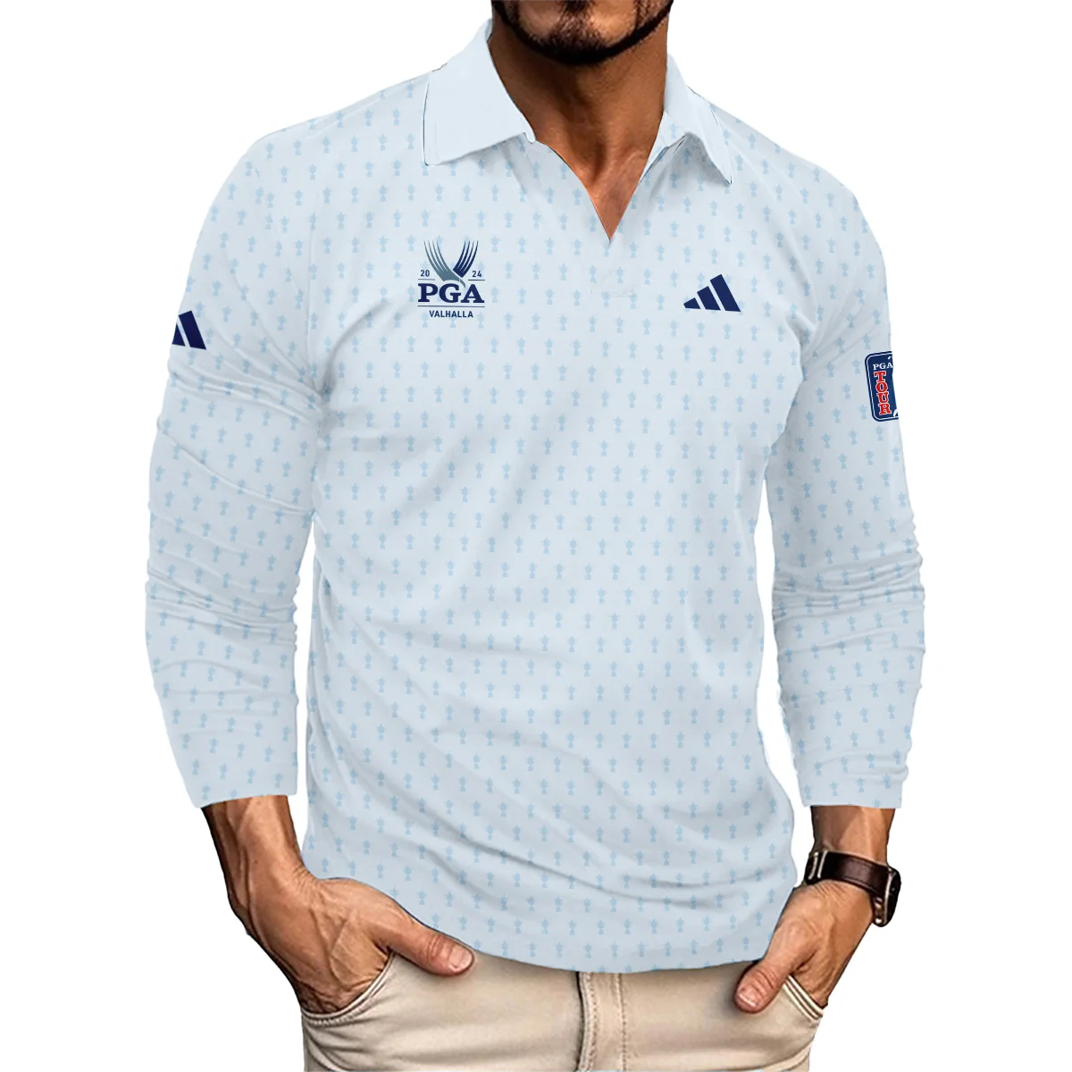 Golf Pattern Cup White Mix Light Blue 2024 PGA Championship Valhalla Adidas Vneck Long Polo Shirt Style Classic Long Polo Shirt For Men