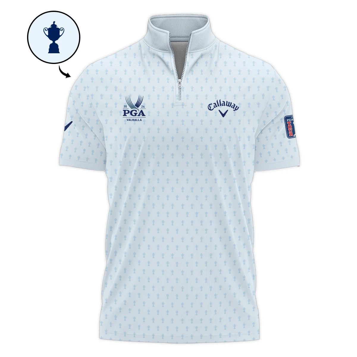 Golf Pattern Cup White Mix Light Blue 2024 PGA Championship Valhalla Callaway Style Classic, Short Sleeve Polo Shirts Quarter-Zip Casual Slim Fit Mock Neck Basic