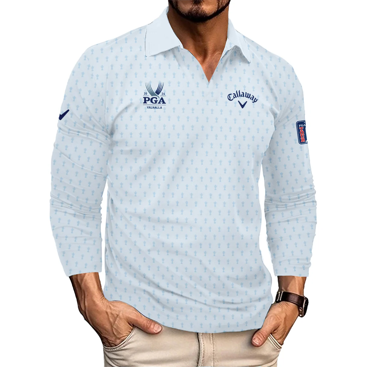 Golf Pattern Cup White Mix Light Blue 2024 PGA Championship Valhalla Callaway Vneck Long Polo Shirt Style Classic Long Polo Shirt For Men