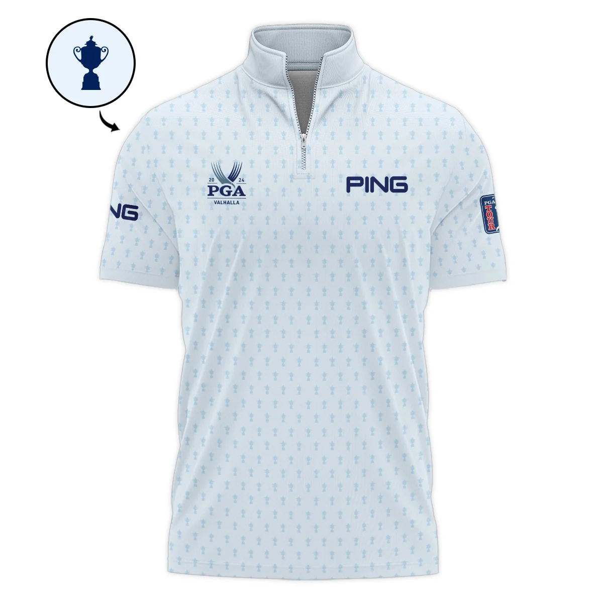 Golf Pattern Cup White Mix Light Blue 2024 PGA Championship Valhalla Ping Style Classic, Short Sleeve Polo Shirts Quarter-Zip Casual Slim Fit Mock Neck Basic