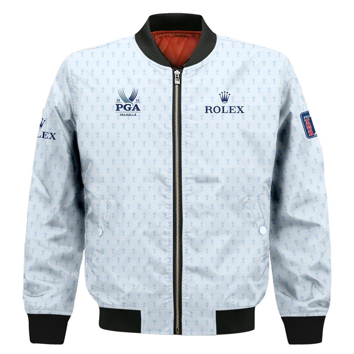 Golf Pattern Cup White Mix Light Blue 2024 PGA Championship Valhalla Rolex Bomber Jacket Style Classic Bomber Jacket