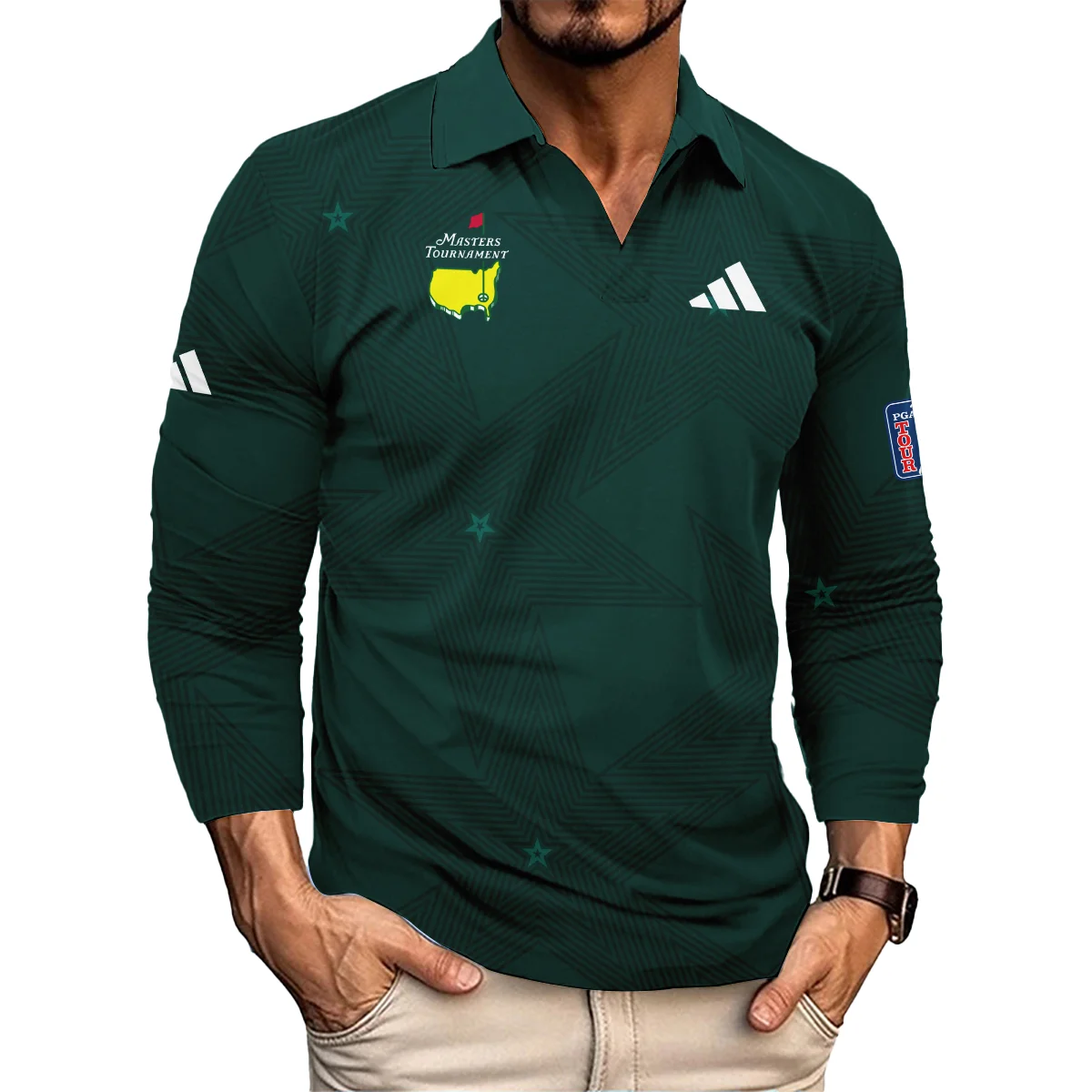 Golf Pattern Stars Dark Green Masters Tournament Adidas Vneck Long Polo Shirt Style Classic Long Polo Shirt For Men