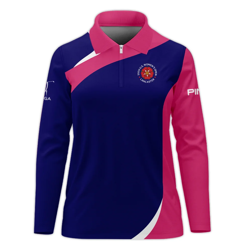 Golf Sport 79th U.S. Women’s Open Lancaster Ping Zipper Long Polo Shirt Navy Mix Pink All Over Print Zipper Long Polo Shirt For Woman