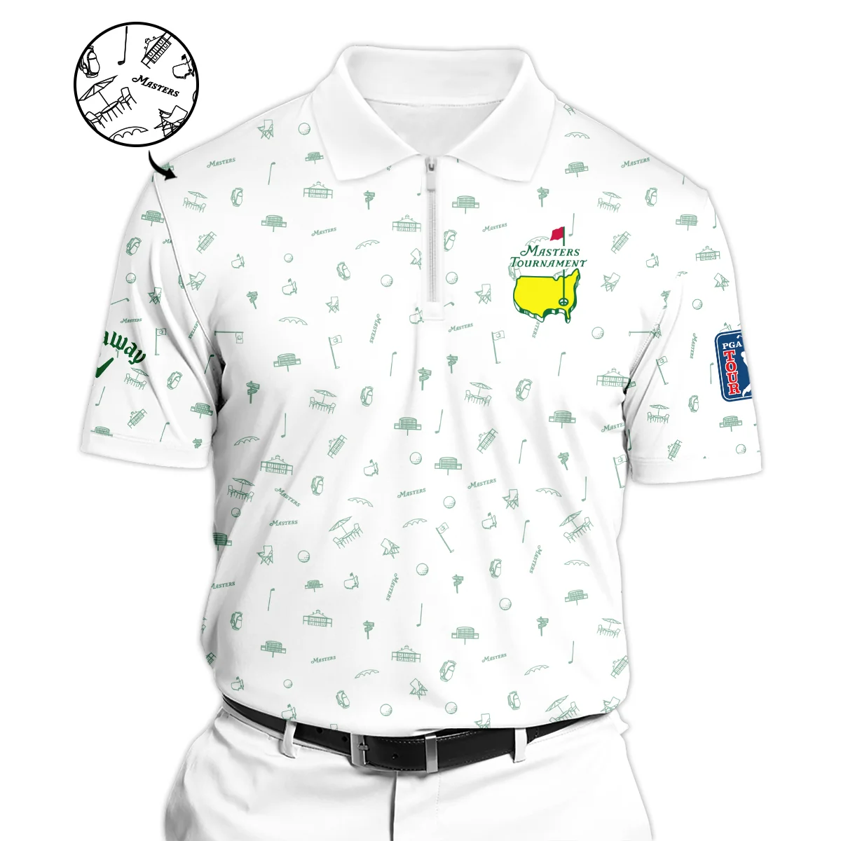 Golf Sport Masters Tournament Callaway Zipper Polo Shirt Sports Augusta Icons Pattern White Green Zipper Polo Shirt For Men