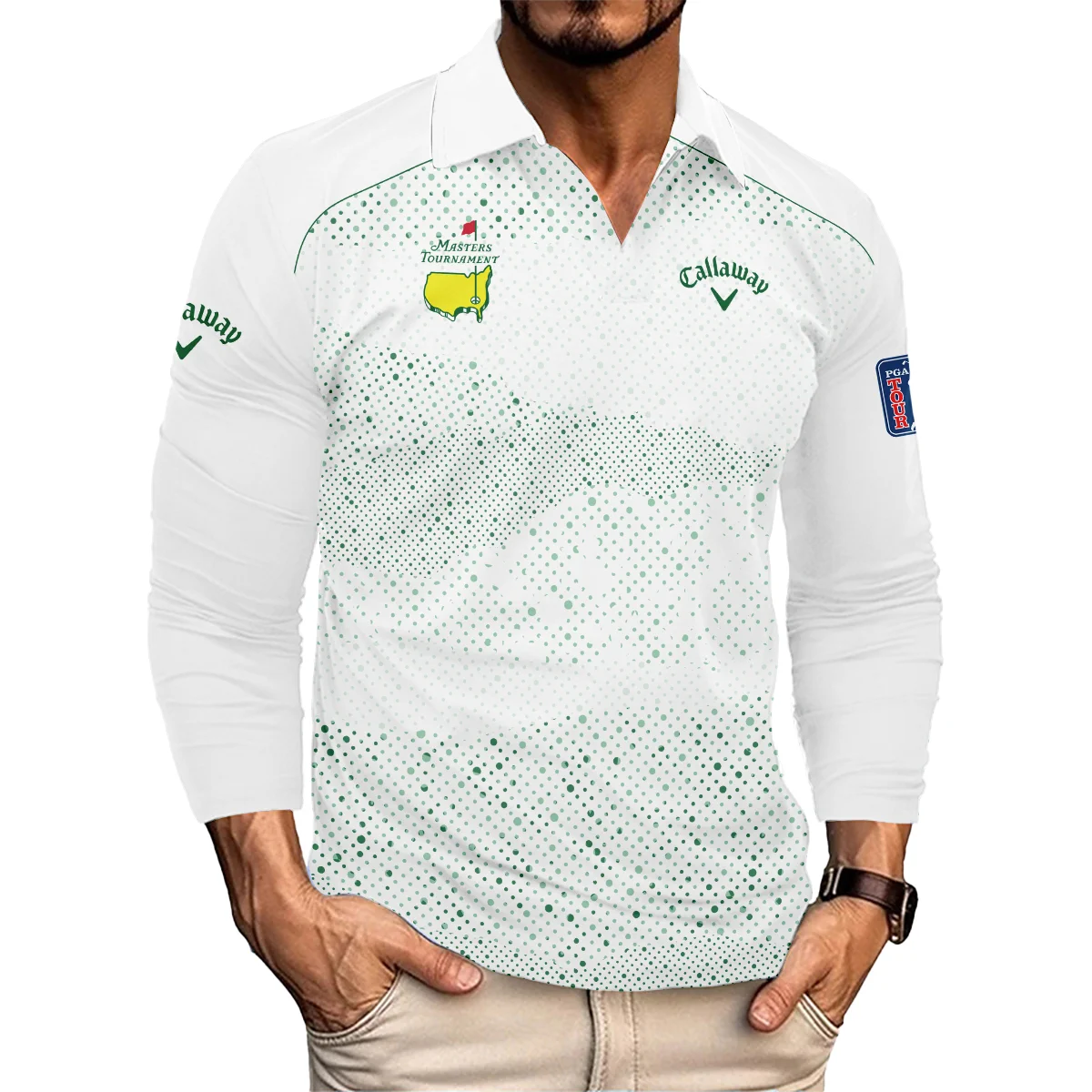 Golf Stye Classic White Mix Green Masters Tournament Callaway Vneck Long Polo Shirt Style Classic Long Polo Shirt For Men