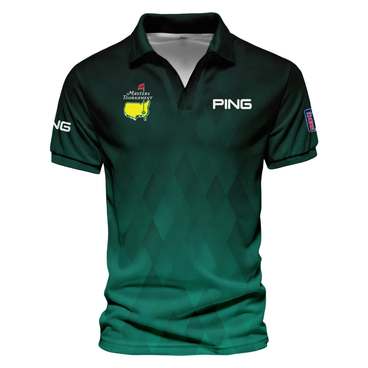 Gradient Dark Green Geometric Pattern Masters Tournament Ping Vneck Polo Shirt Style Classic Polo Shirt For Men