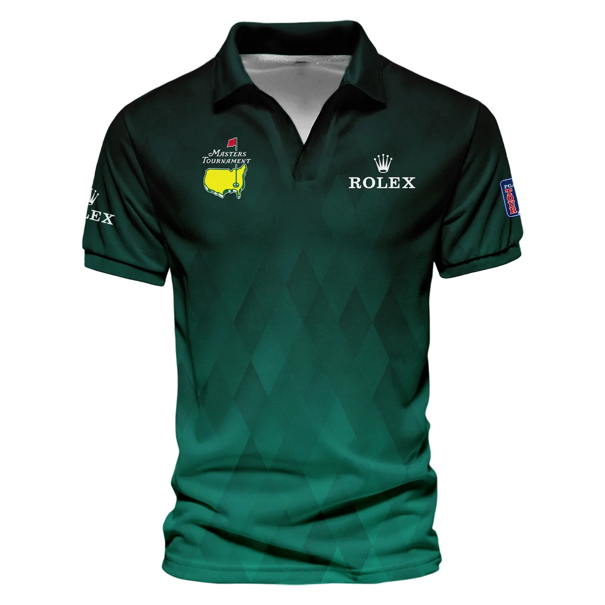 Gradient Dark Green Geometric Pattern Masters Tournament Rolex Vneck Polo Shirt Style Classic Polo Shirt For Men