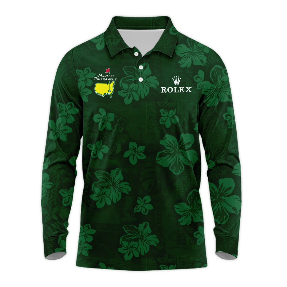 Hawaiian Tribal Elements And Hibiscus Flowers Patchwork Golf Masters Tournament Rolex Long Polo Shirt Style Classic Long Polo Shirt For Men