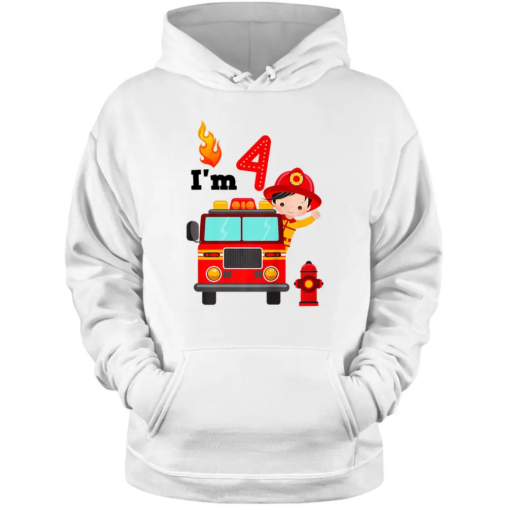 I'm 4th Birthday Boy Fire Engine Truck Toddler Firefighter Pullover Hoodie