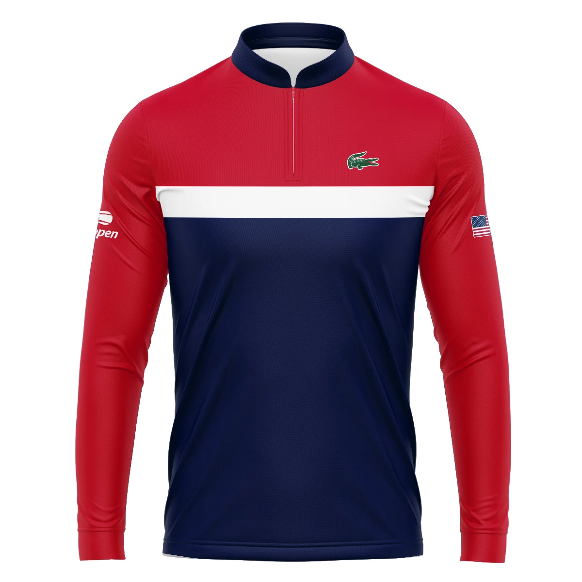 Lacoste Blue Red White Background US Open Tennis Champions Mandarin collar Quater-Zip Long Sleeve