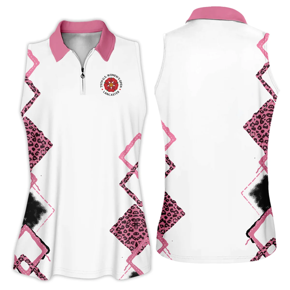 Leopard Golf Color Pink 79th U.S. Women’s Open Lancaster Zipper Sleeveless Polo Shirt Pink Color All Over Print Zipper Sleeveless Polo Shirt For Woman