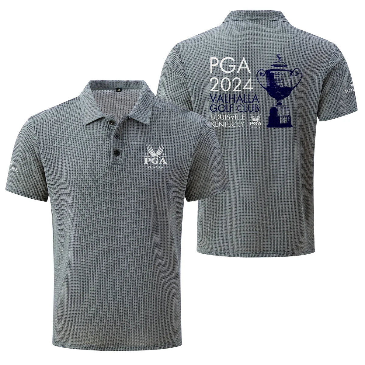 Light Grey Color PGA Championship Valhalla Golf Club Louisville Kentucky Trophy 2024 Rolex , Mesh Comfy Men's Stretch Solid Short Sleeve Lapel Golf Shirt