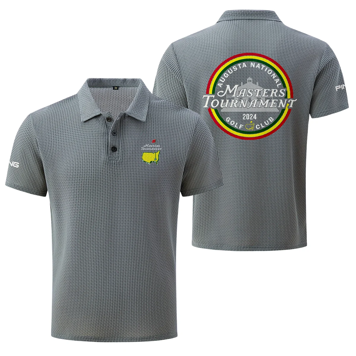 Light Grey Color The Masters Tournament 2024 Augusta National Golf Club Ping , Mesh Comfy Men's Stretch Solid Short Sleeve Lapel Golf Shirt