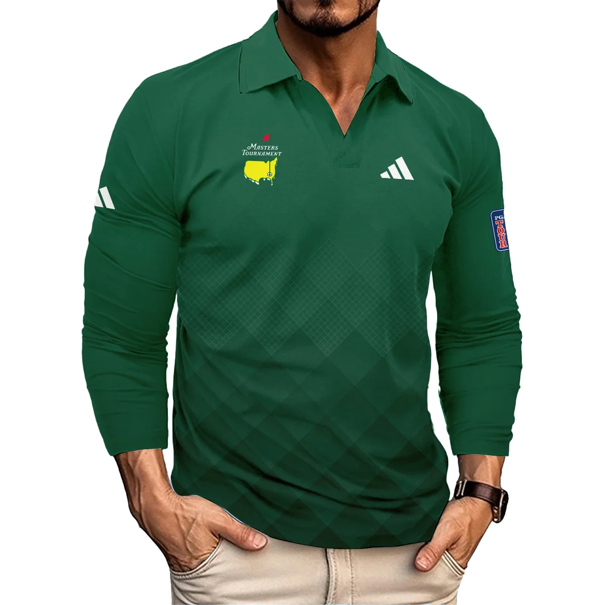 Masters Tournament Adidas Gradient Dark Green Pattern Vneck Long Polo Shirt Style Classic Long Polo Shirt For Men