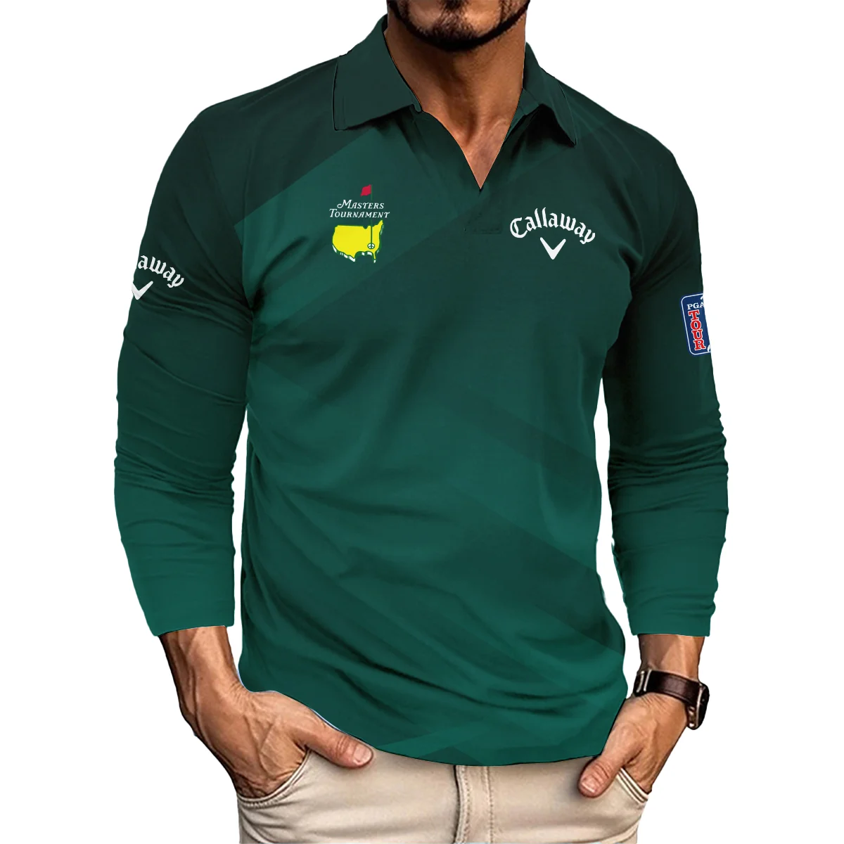 Masters Tournament Dark Green Gradient Golf Sport Callaway Vneck Long Polo Shirt Style Classic Long Polo Shirt For Men