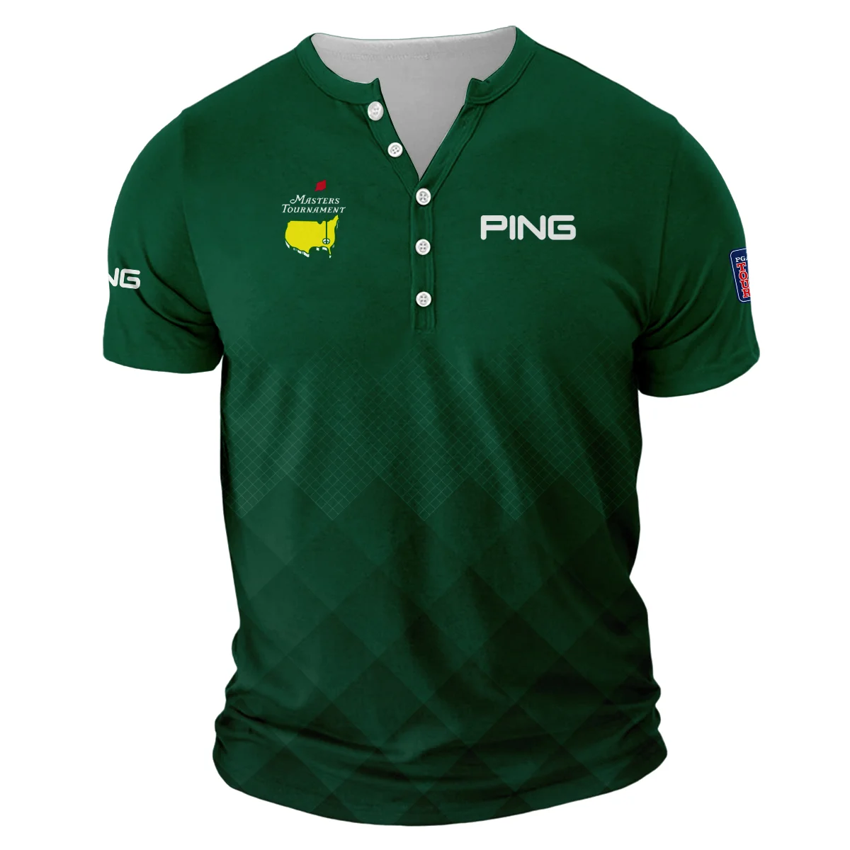 Masters Tournament Ping Gradient Dark Green Pattern V-Neck Button up Henley Shirts Style Classic