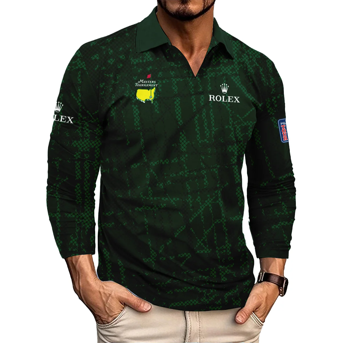 Masters Tournament Rolex Golf Pattern Halftone Green Vneck Long Polo Shirt Style Classic Long Polo Shirt For Men