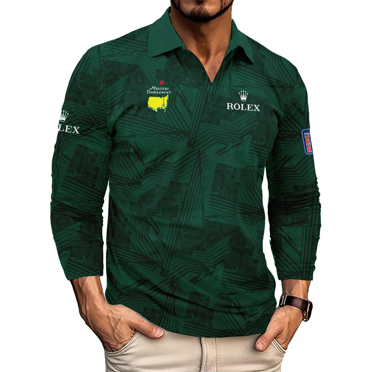 Masters Tournament Rolex Sublimation Sports Dark Green Vneck Long Polo Shirt Style Classic Long Polo Shirt For Men