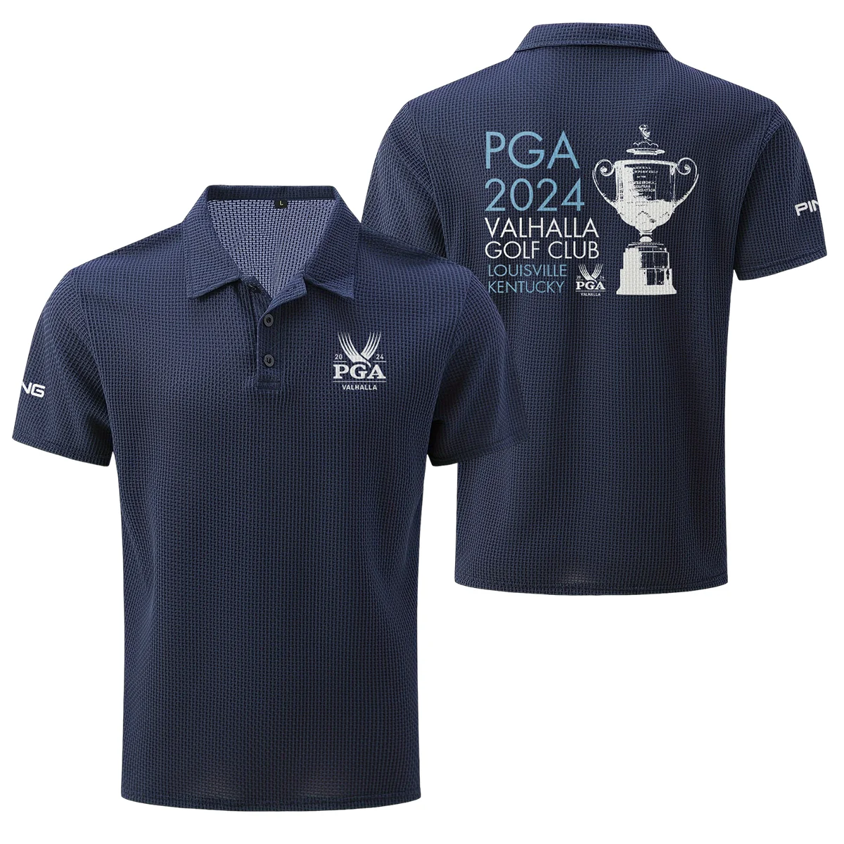 Navy Color PGA Championship Valhalla Golf Club Louisville Kentucky Trophy 2024 Ping , Mesh Comfy Men's Stretch Solid Short Sleeve Lapel Golf Shirt