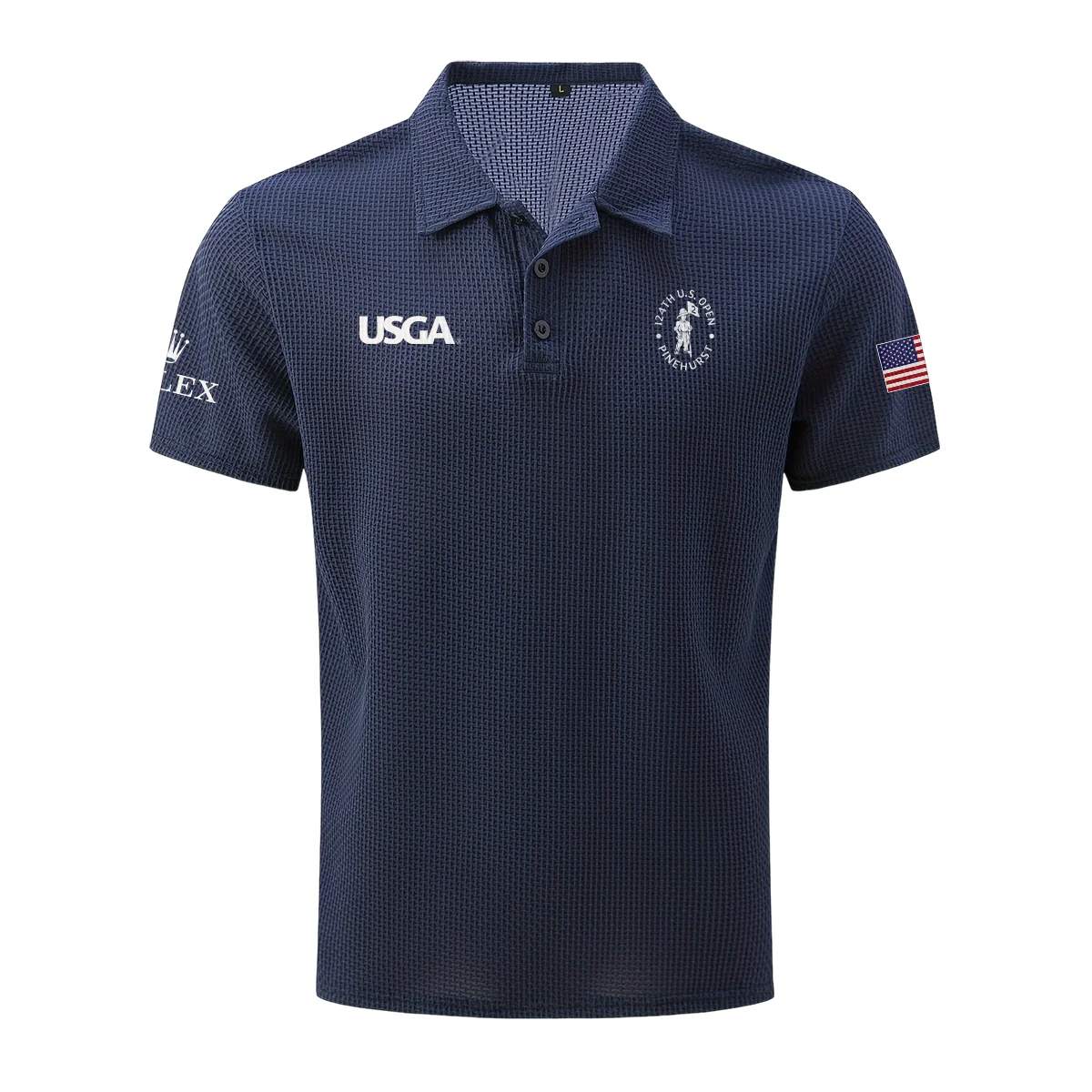 Navy Rolex 124th U.S. Open Pinehurst Mesh Comfy Men’s Stretch Solid Short Sleeve Lapel Golf Shirt