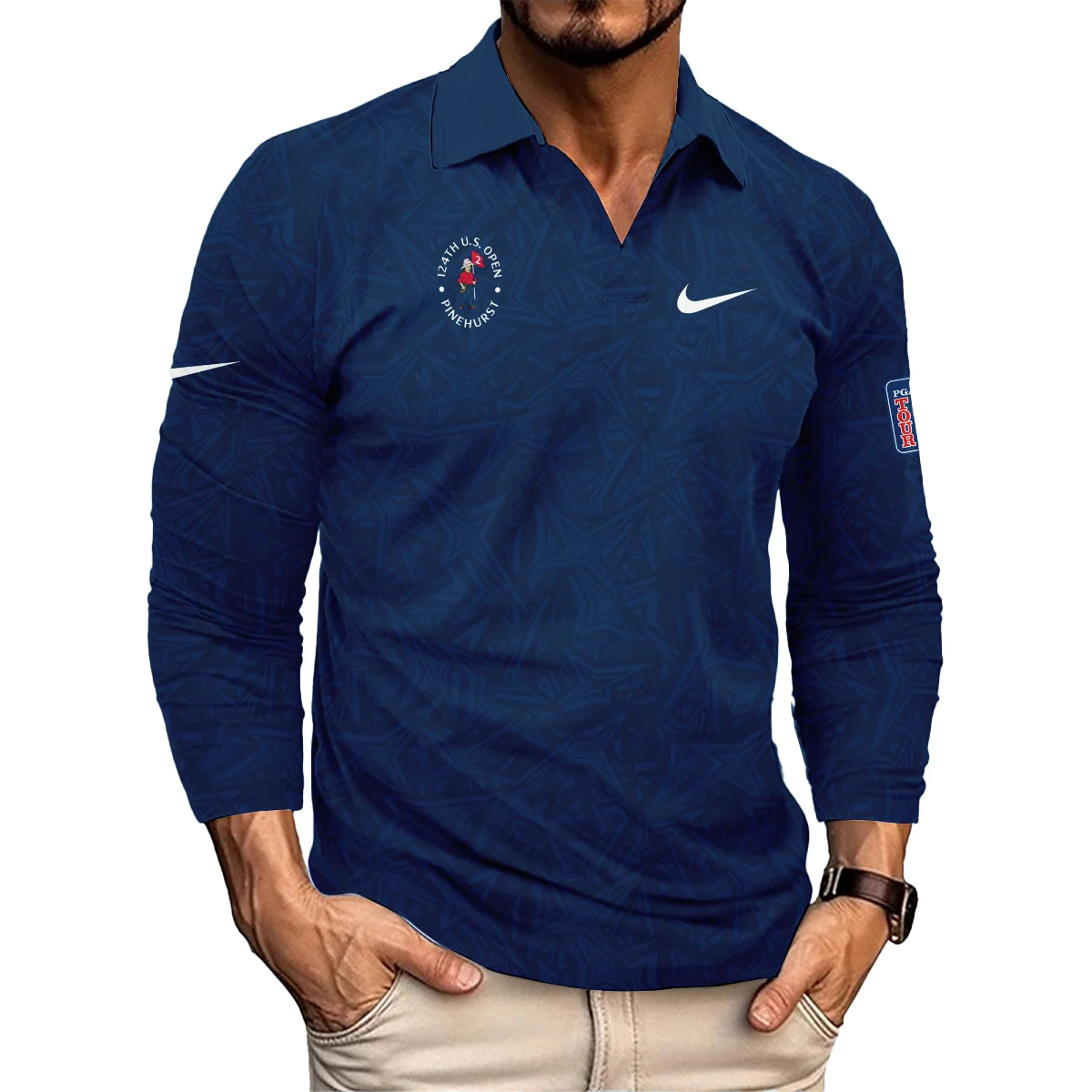 Nike 124th U.S. Open Pinehurst Stars Gradient Pattern Dark Blue Vneck Long Polo Shirt Style Classic Long Polo Shirt For Men