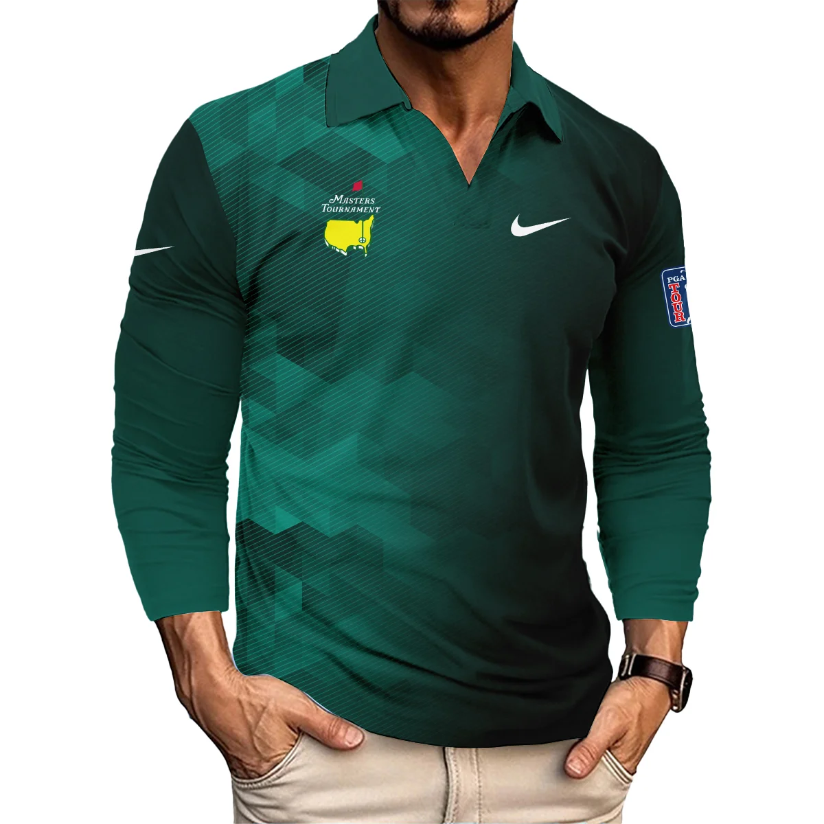 Nike Golf Sport Dark Green Gradient Abstract Background Masters Tournament Vneck Long Polo Shirt Style Classic Long Polo Shirt For Men