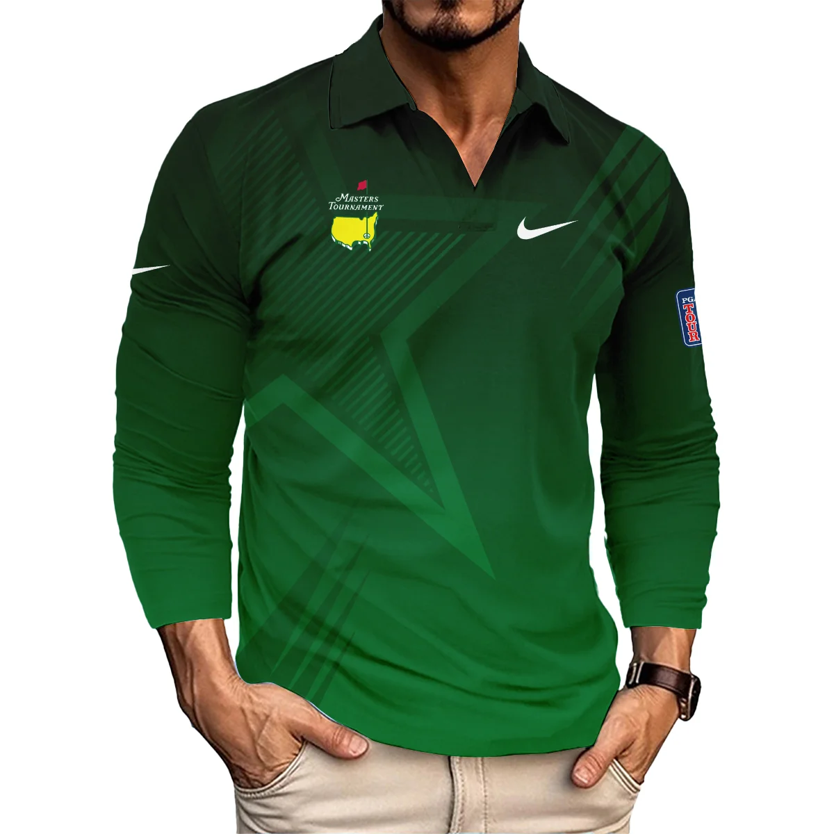 Nike Masters Tournament Polo Shirt Dark Green Gradient Star Pattern Golf Sports Vneck Long Polo Shirt Style Classic Long Polo Shirt For Men