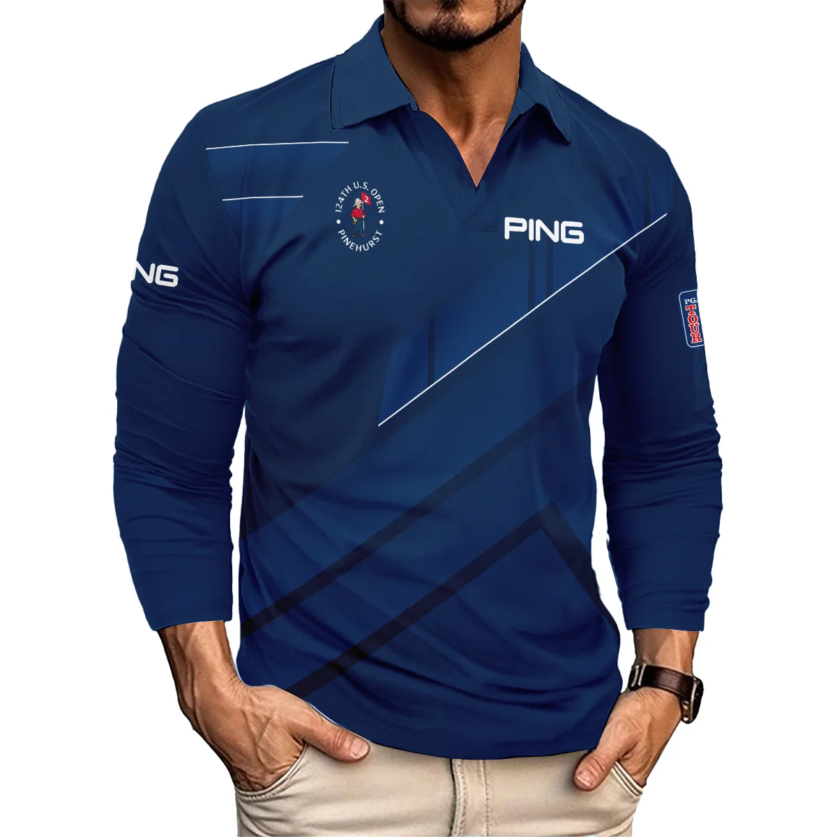 Ping 124th U.S. Open Pinehurst Blue Gradient With White Straight Line Vneck Long Polo Shirt Style Classic Long Polo Shirt For Men