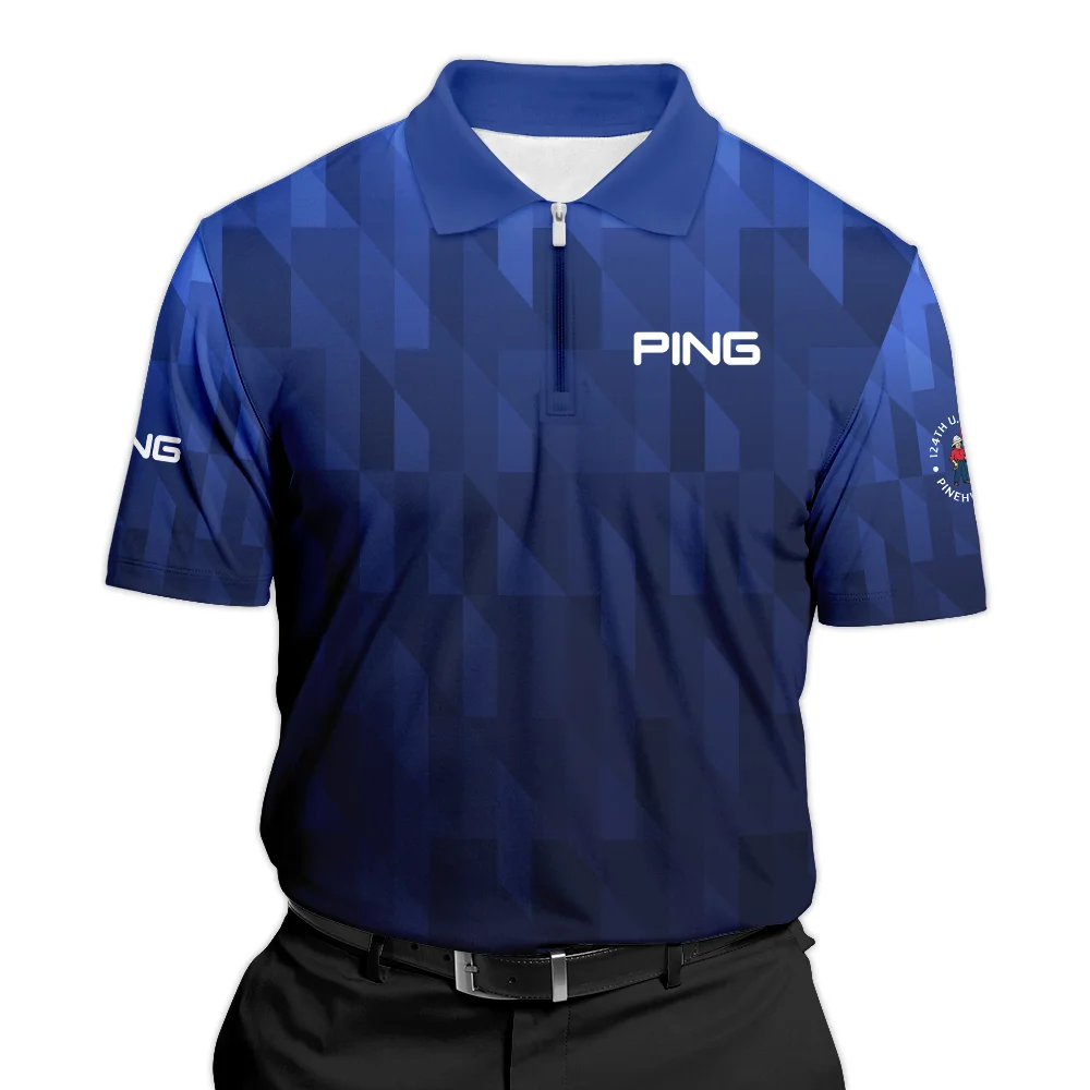 Ping 124th U.S. Open Pinehurst Golf Sport Zipper Polo Shirt Blue Fabric Geometric Pattern  All Over Print Zipper Polo Shirt For Men