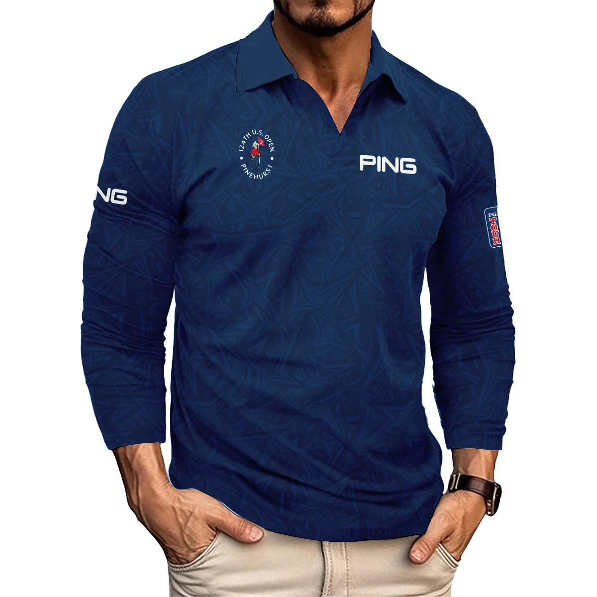 Ping 124th U.S. Open Pinehurst Stars Gradient Pattern Dark Blue Vneck Long Polo Shirt Style Classic Long Polo Shirt For Men