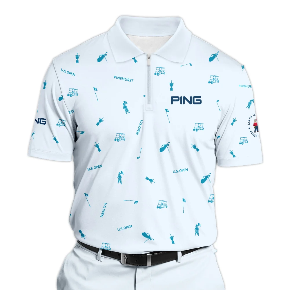 Ping 124th U.S. Open Pinehurst Zipper Polo Shirt Light Blue Pastel Golf Pattern All Over Print Zipper Polo Shirt For Men