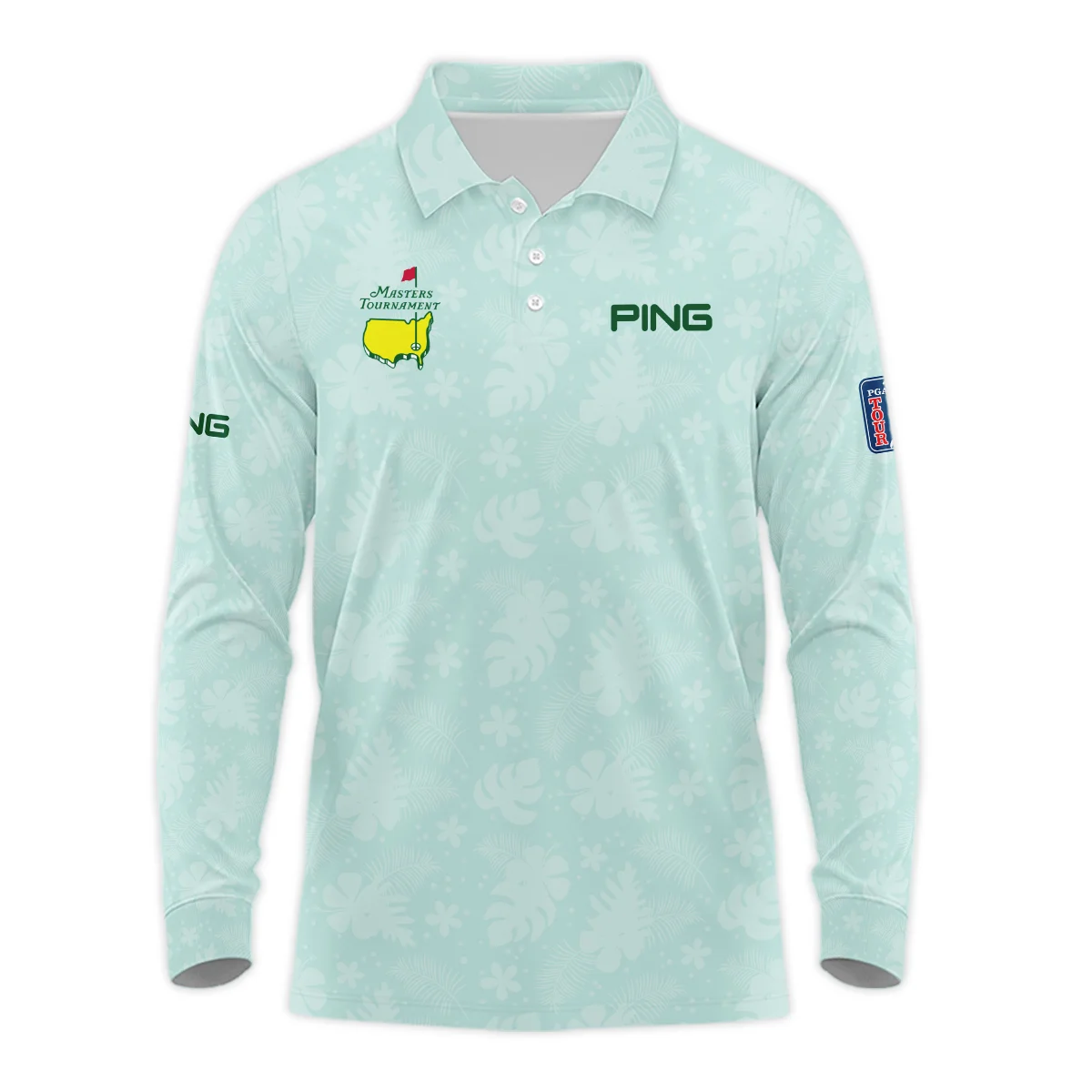 Ping Masters Tournament Sports Long Polo Shirt Green Pastel Floral Hawaiian Pattern All Over Print Long Polo Shirt For Men