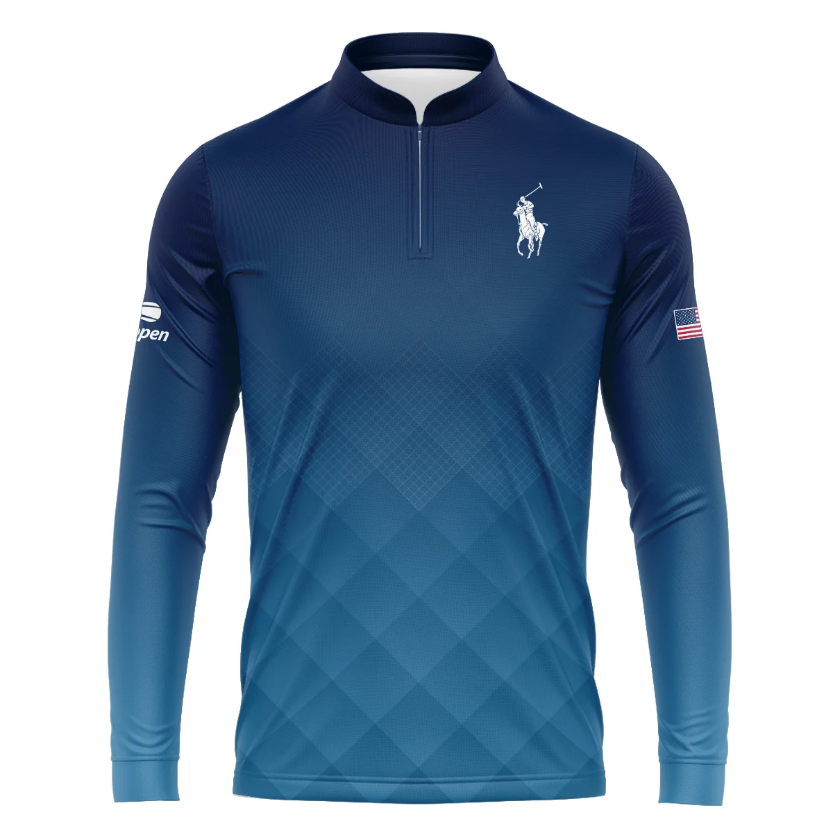 Ralph Lauren Blue Abstract Background US Open Tennis Champions Mandarin collar Quater-Zip Long Sleeve