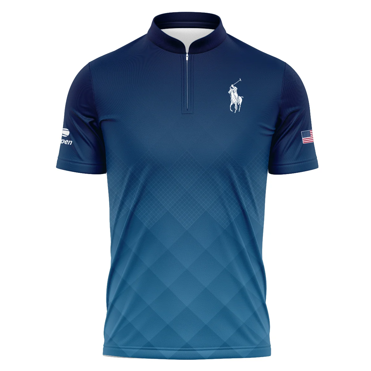 Ralph Lauren Blue Abstract Background US Open Tennis Champions Polo Shirt Mandarin Collar Polo Shirt