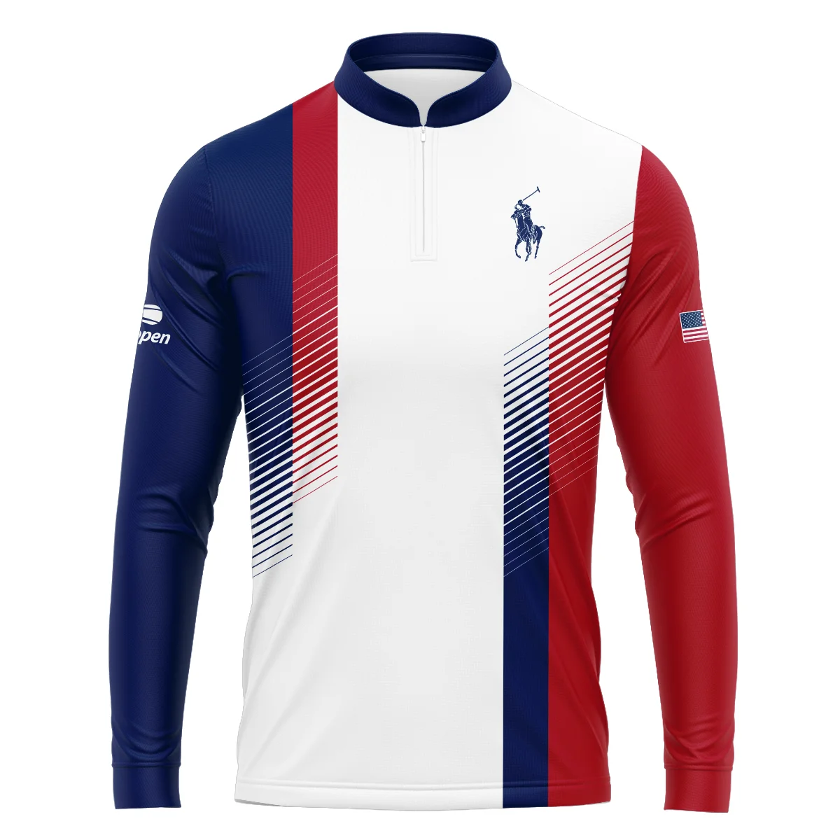 Ralph Lauren Blue Red Straight Line White US Open Tennis Champions Mandarin collar Quater-Zip Long Sleeve