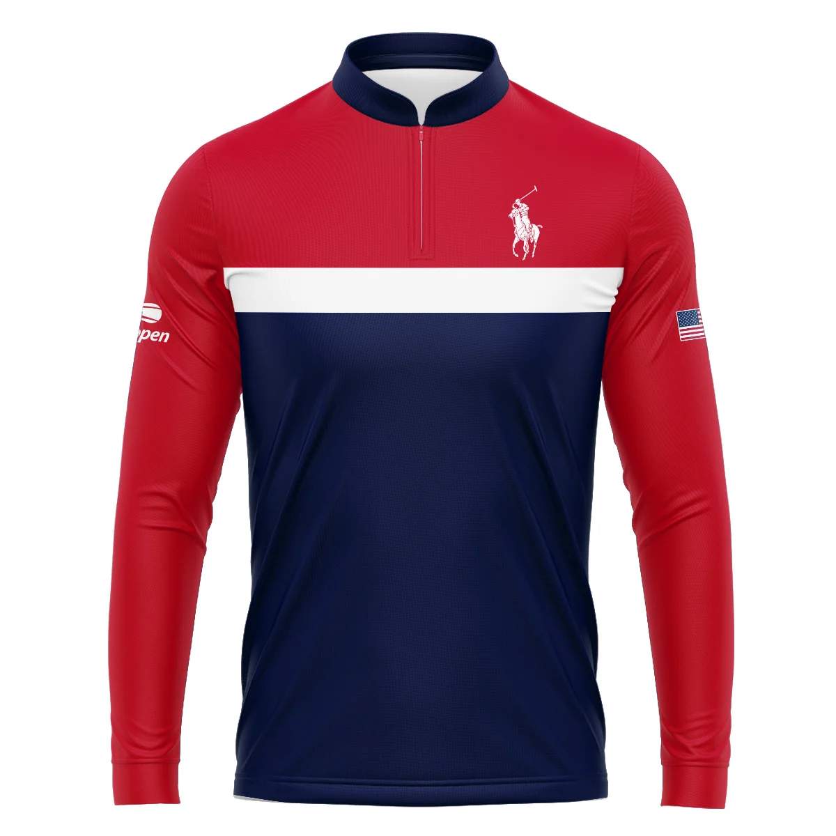 Ralph Lauren Blue Red White Background US Open Tennis Champions Mandarin collar Quater-Zip Long Sleeve