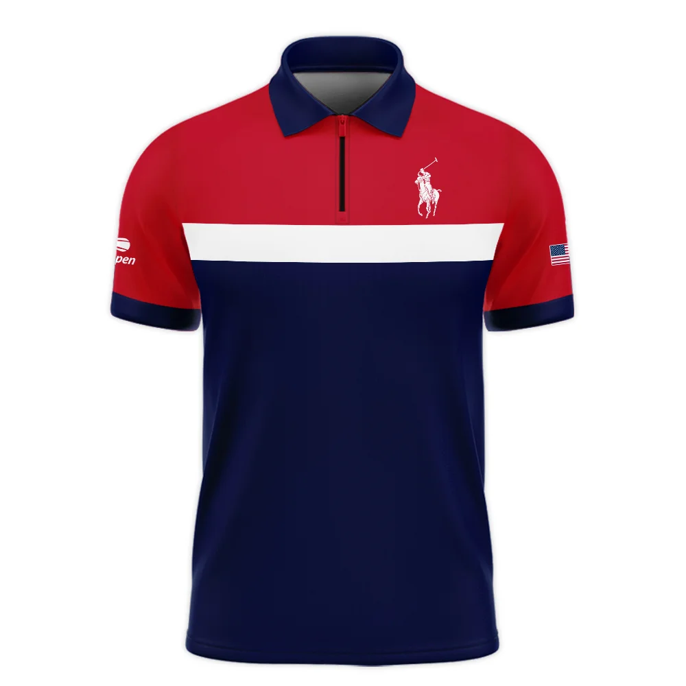 Ralph Lauren Blue Red White Background US Open Tennis Champions Zipper Polo Shirt Style Classic Zipper Polo Shirt For Men