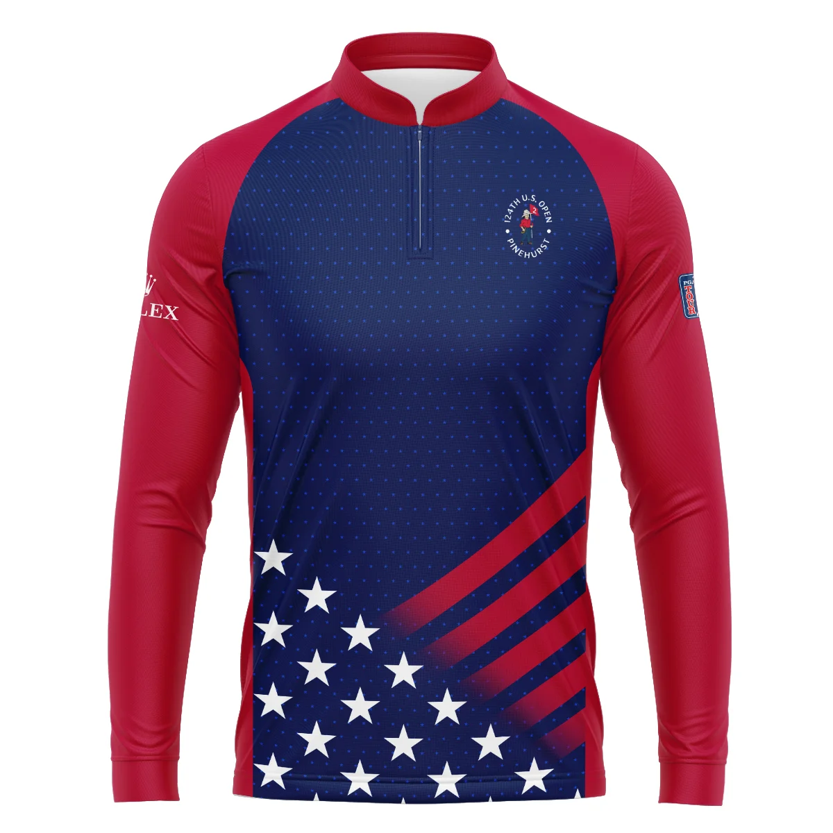 Rolex 124th U.S. Open Pinehurst Star White Dark Blue Red Background Mandarin collar Quater-Zip Long Sleeve