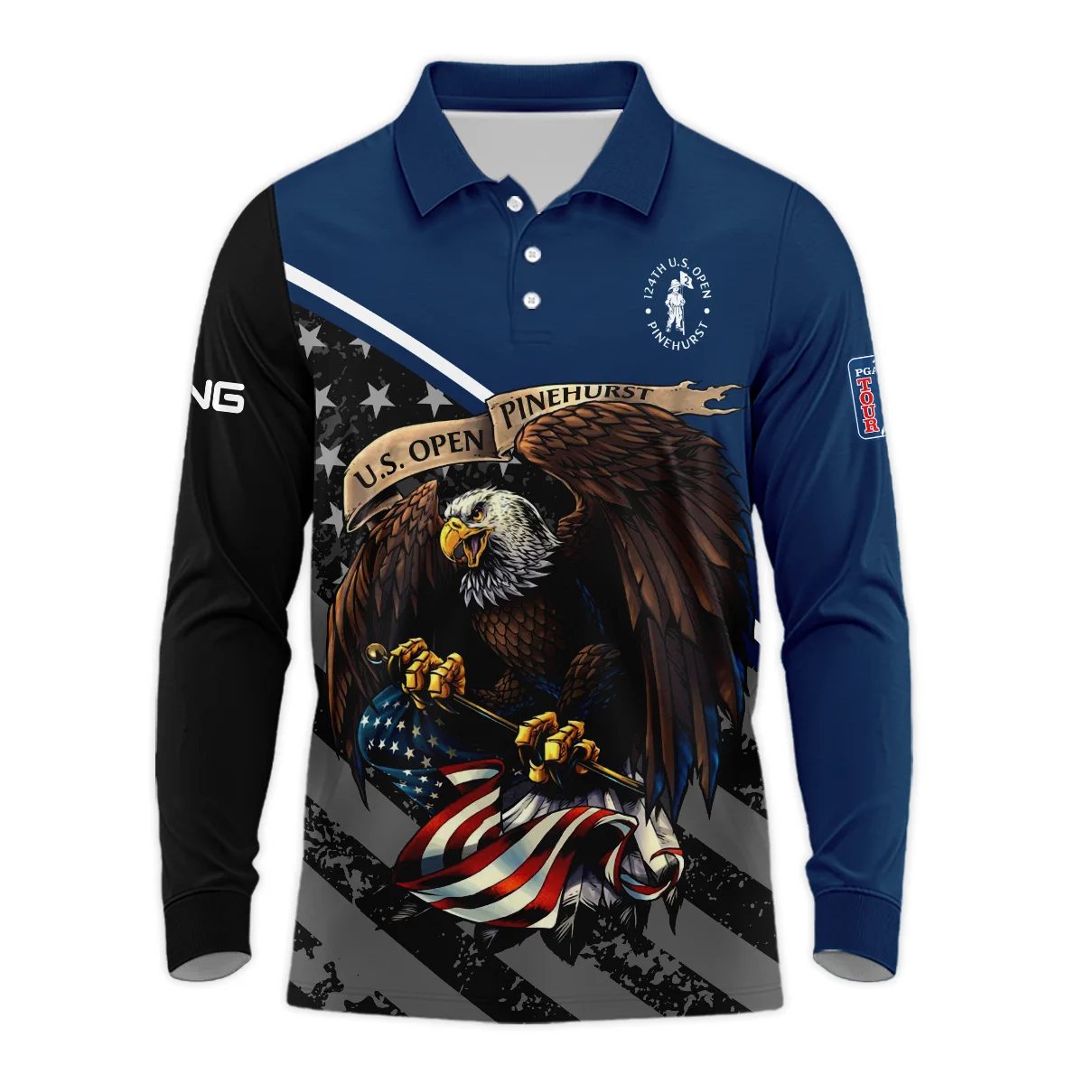 Special Version 124th U.S. Open Pinehurst Ping Long Polo Shirt Color Blue Eagle USA  Long Polo Shirt For Men