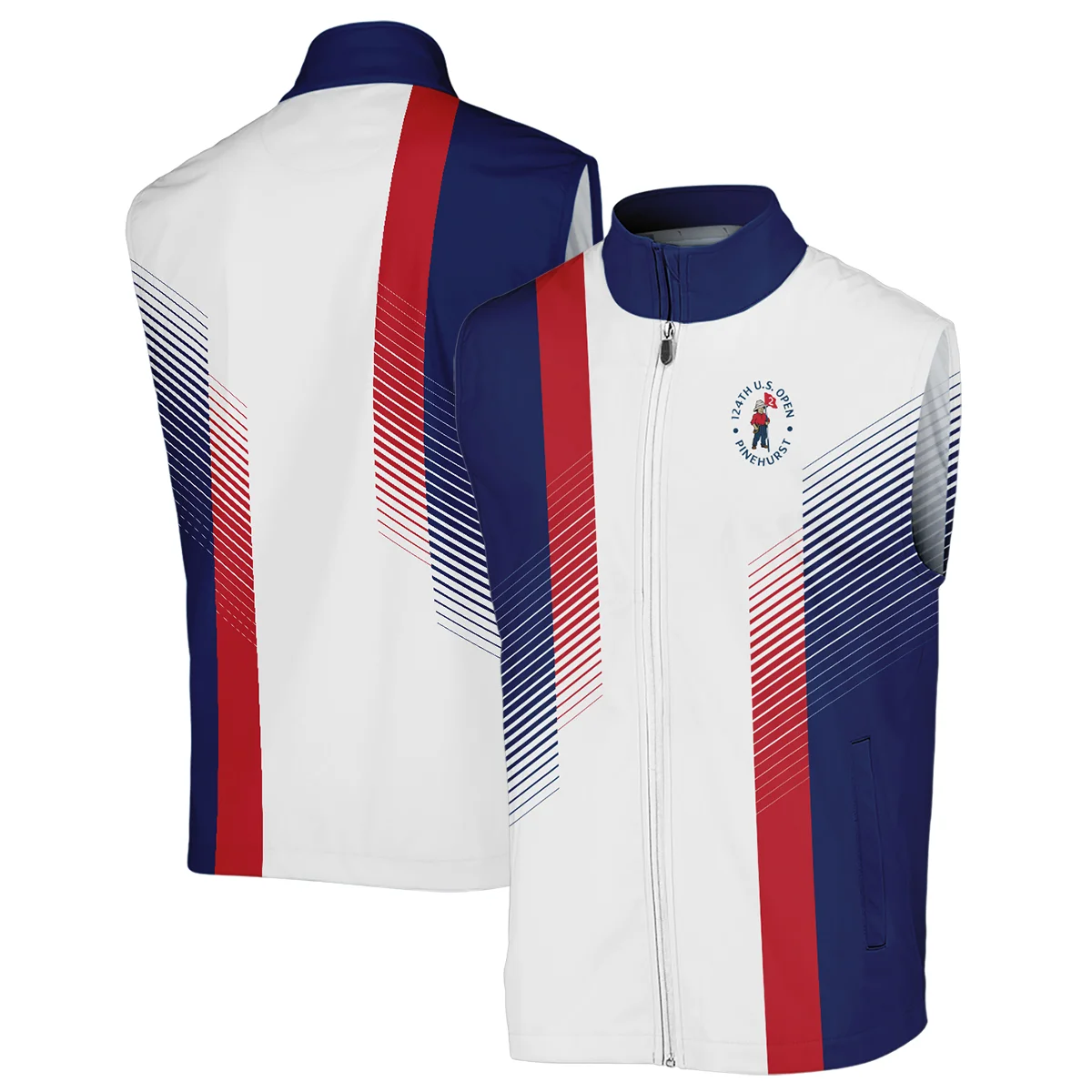 Sport 124th U.S. Open Pinehurst Golf Sleeveless Jacket Blue Red Striped Pattern White All Over Print Sleeveless Jacket