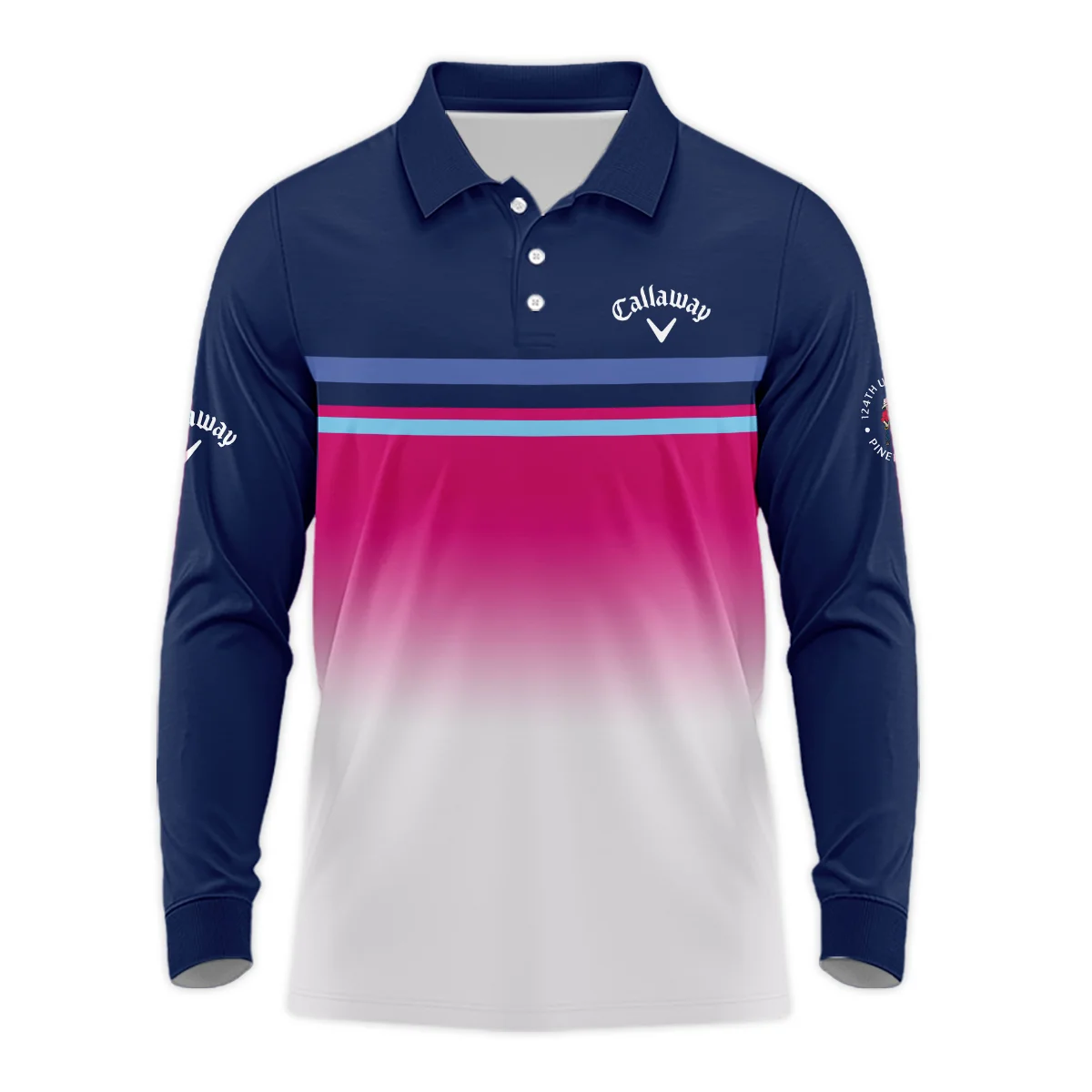 Sport Callaway 124th U.S. Open Pinehurst Long Polo Shirt White Strong Pink Very Dark Blue Pattern  All Over Print Long Polo Shirt For Men