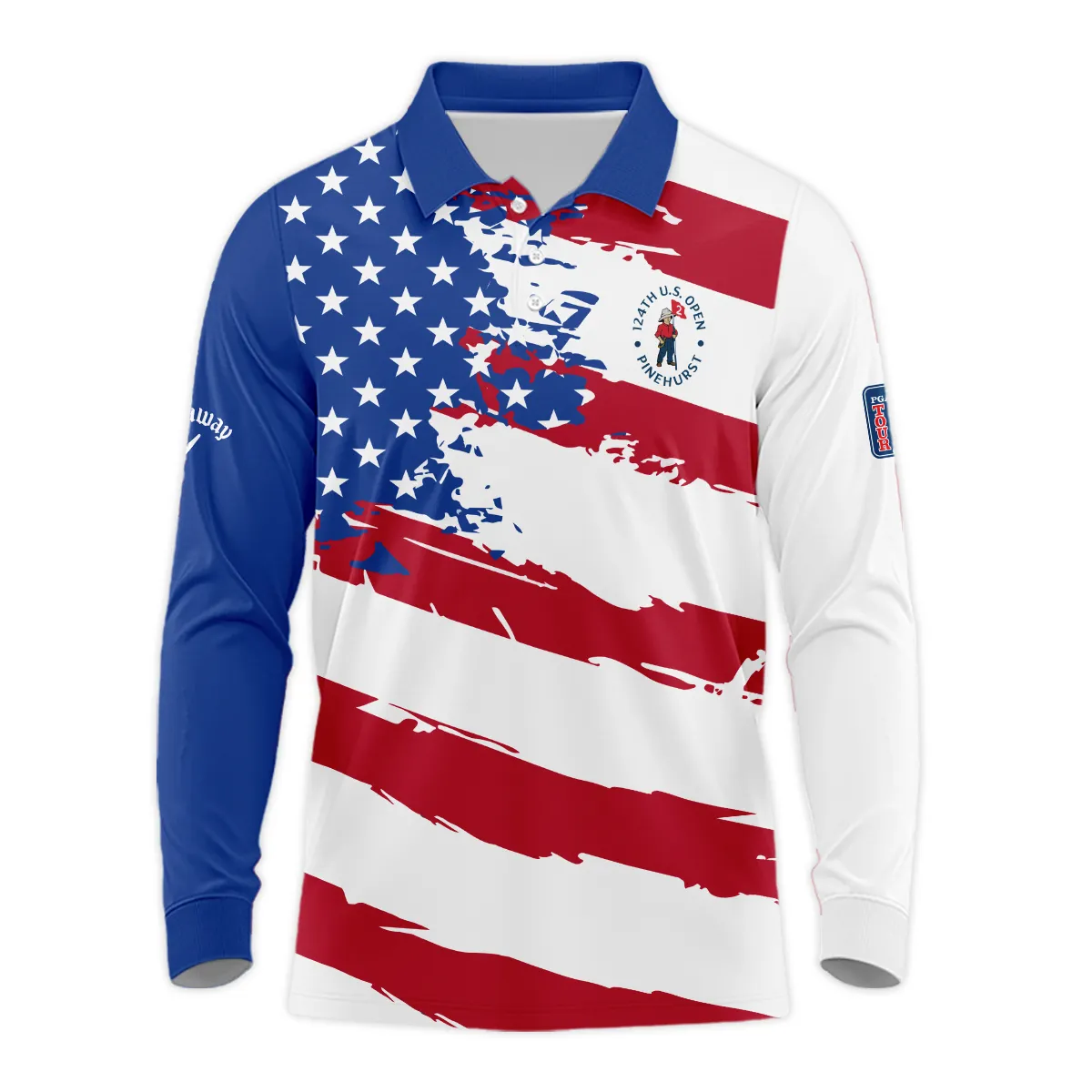 Sports Callaway 124th U.S. Open Pinehurst Long Polo Shirt USA Flag Grunge White All Over Print Long Polo Shirt For Men