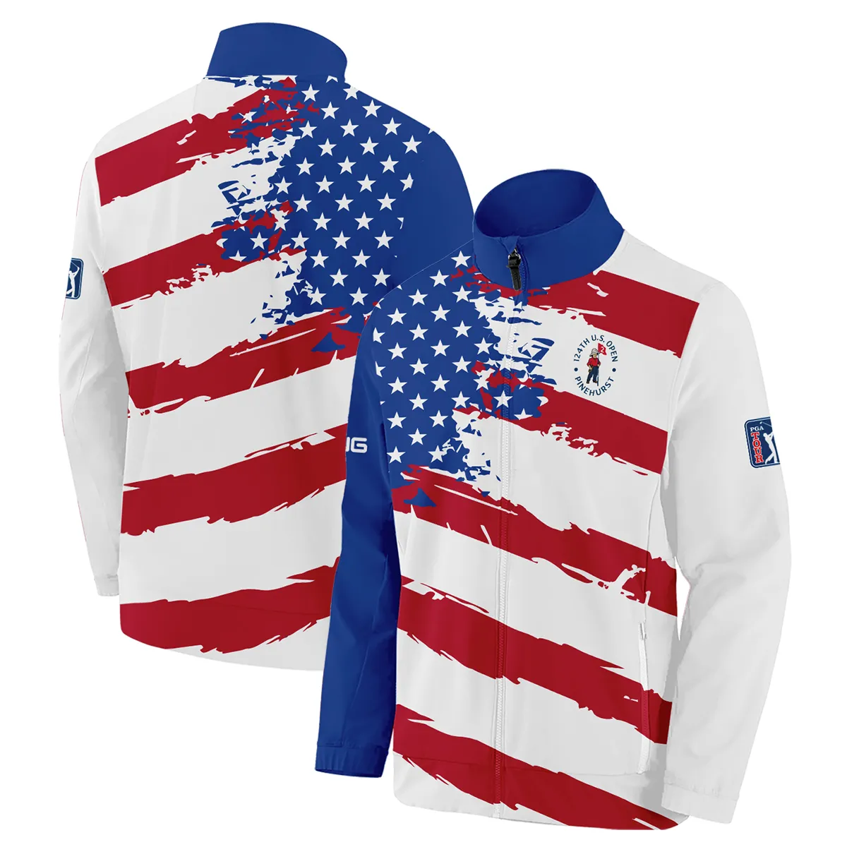 Sports Ping 124th U.S. Open Pinehurst Stand Colar Jacket USA Flag Grunge White All Over Print Stand Colar Jacket