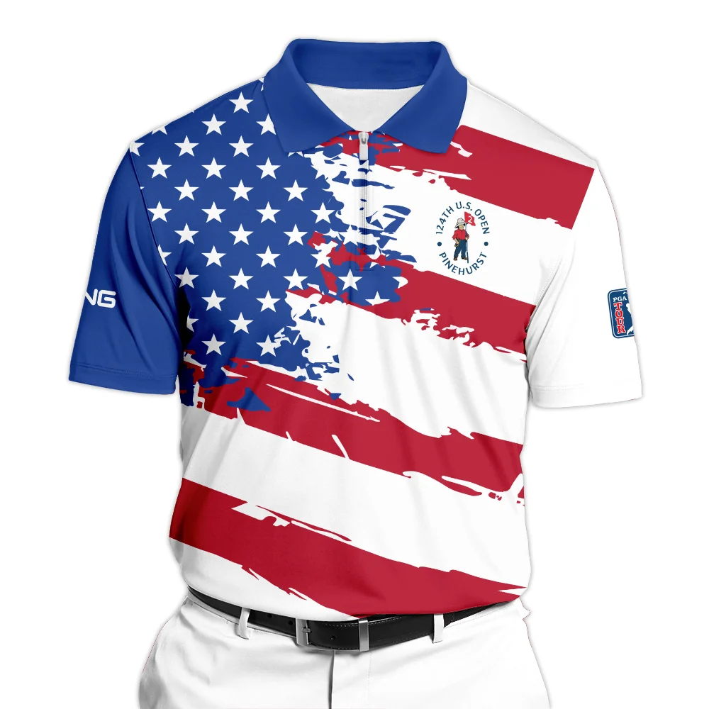 Sports Ping 124th U.S. Open Pinehurst Zipper Polo Shirt USA Flag Grunge White All Over Print Zipper Polo Shirt For Men