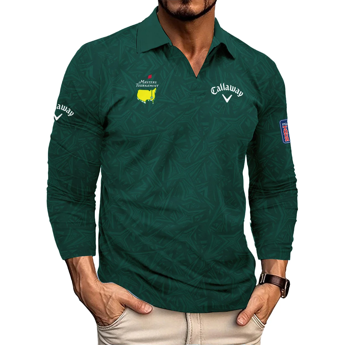 Stars Dark Green Abstract Sport Masters Tournament Callaway Vneck Long Polo Shirt Style Classic Long Polo Shirt For Men