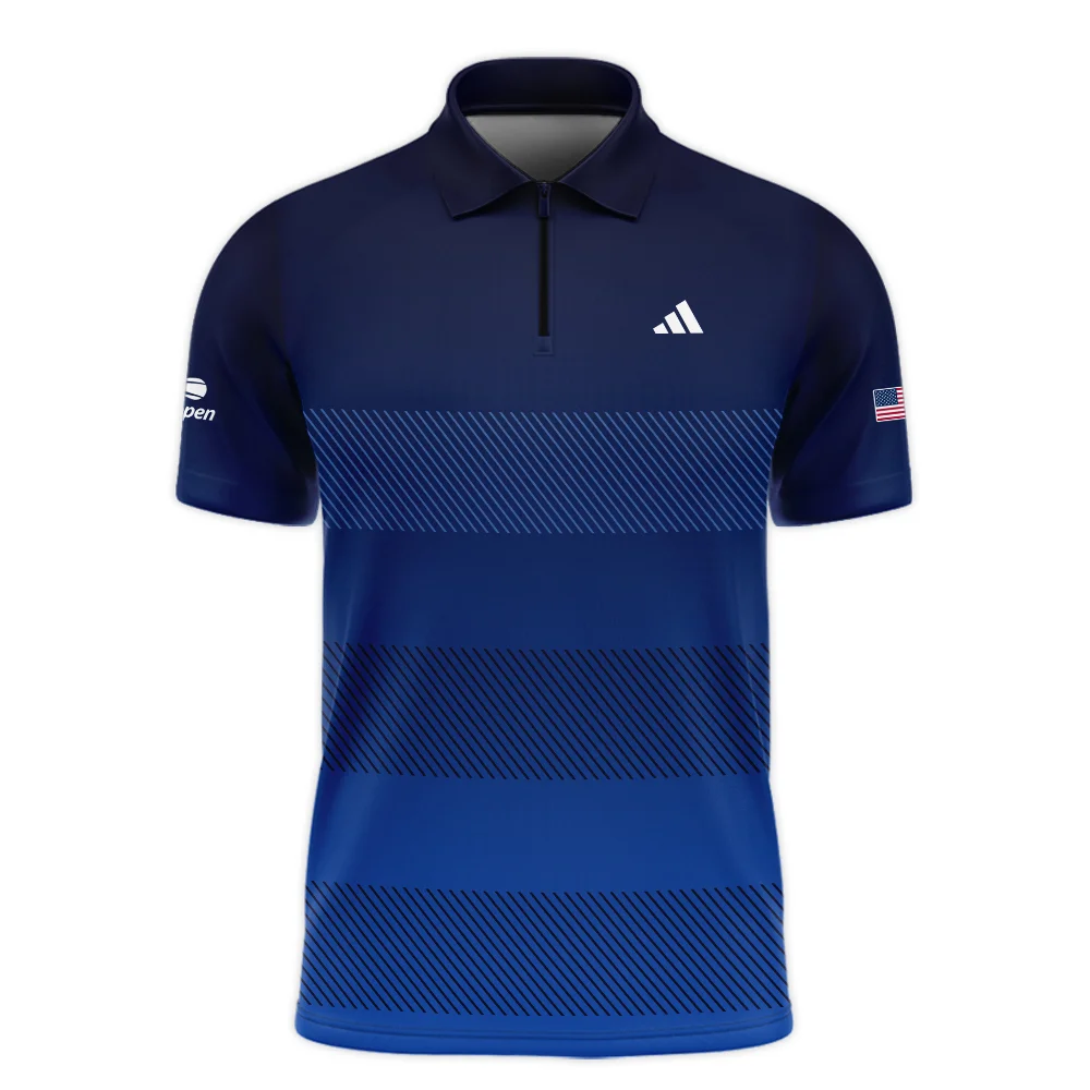 Straight Line Dark Blue Background US Open Tennis Champions Adidas Zipper Polo Shirt Style Classic Zipper Polo Shirt For Men