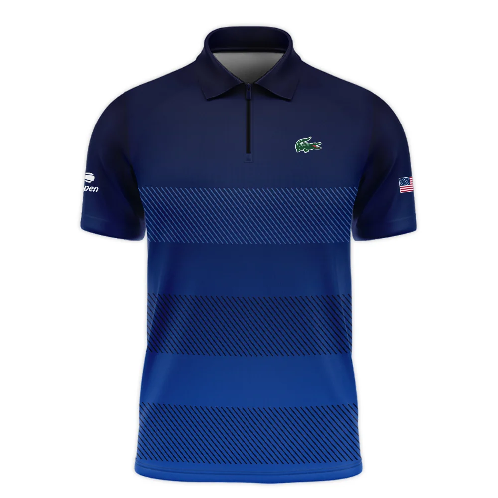 Straight Line Dark Blue Background US Open Tennis Champions Lacoste Zipper Polo Shirt Style Classic Zipper Polo Shirt For Men